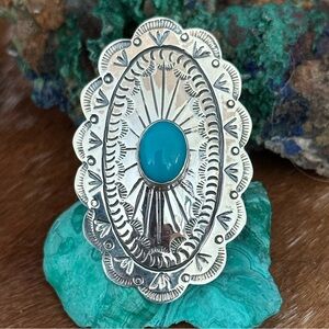 Turquoise concho statement sterling silver southwestern ring